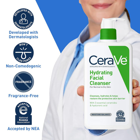 Cerave Hydrating Facial Cleanser, Daily Face Wash For  Normal To Dry Skin, 12 Fl Oz.--Two Pack