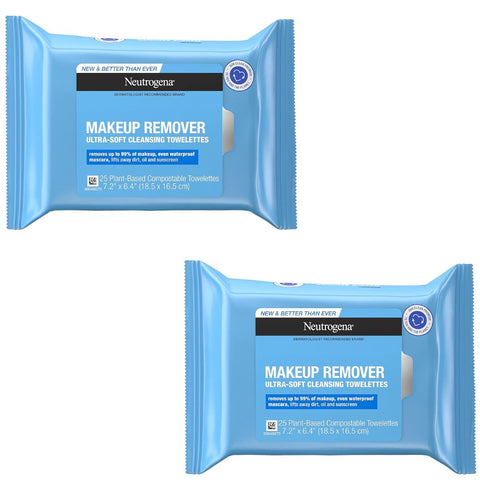 Neutrogena Makeup Remover Wipes, Daily Facial Cleanser Towelettes, Gently Cleanse and Remove Oil & Makeup, Alcohol-Free Makeup Wipes, 25 ct, 2PACK